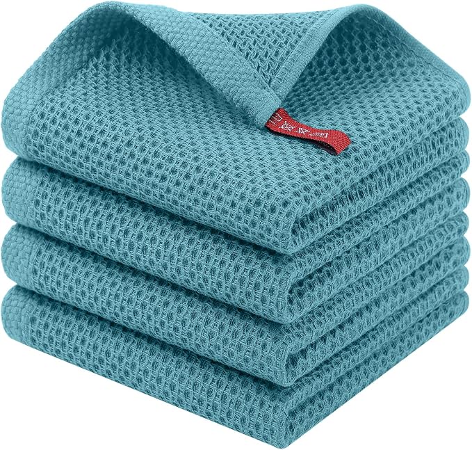 Homaxy 100% Cotton Waffle Weave Kitchen Dish Cloths, 4-Pack, Lake Blue | 12 x 12 Inches, Ultra Soft Absorbent Dish Towels, Quick Drying Dish Rags with Hanging Loop