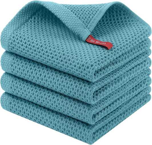 Homaxy 100% Cotton Waffle Weave Kitchen Dish Cloths, 4-Pack, Lake Blue | 12 x 12 Inches, Ultra Soft Absorbent Dish Towels, Quick Drying Dish Rags with Hanging Loop