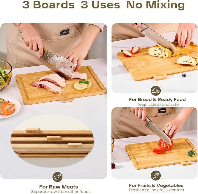 Bamboo Cutting Boards for Kitchen Set of 3, Large 14’’ x 10’’ with Holder, Wooden Cutting Board with Juice Groove & Labels for Meat Vegetables Bread