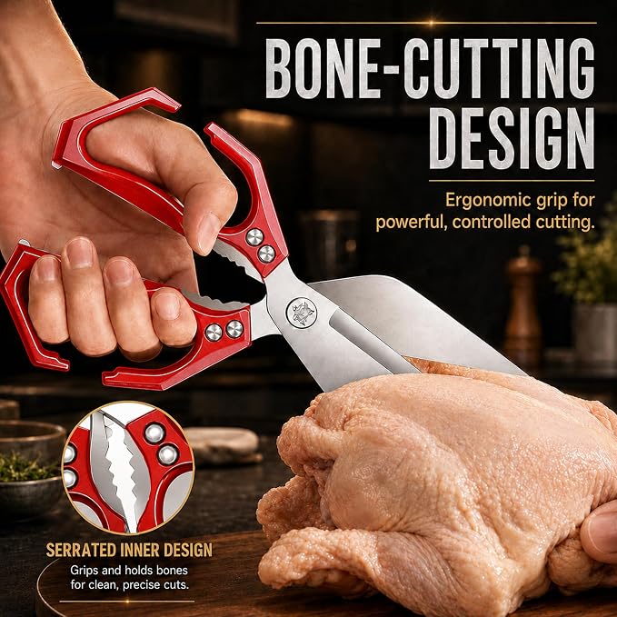 Multifunctional Heavy Duty Poultry Shears, Japanese High-Carbon Steel Kitchen Shears, Kitchen Scissors for Food,Stainless Steel Meat Scissors for Cutting Chicken, Turkey, Meat and Food Prep (Red)