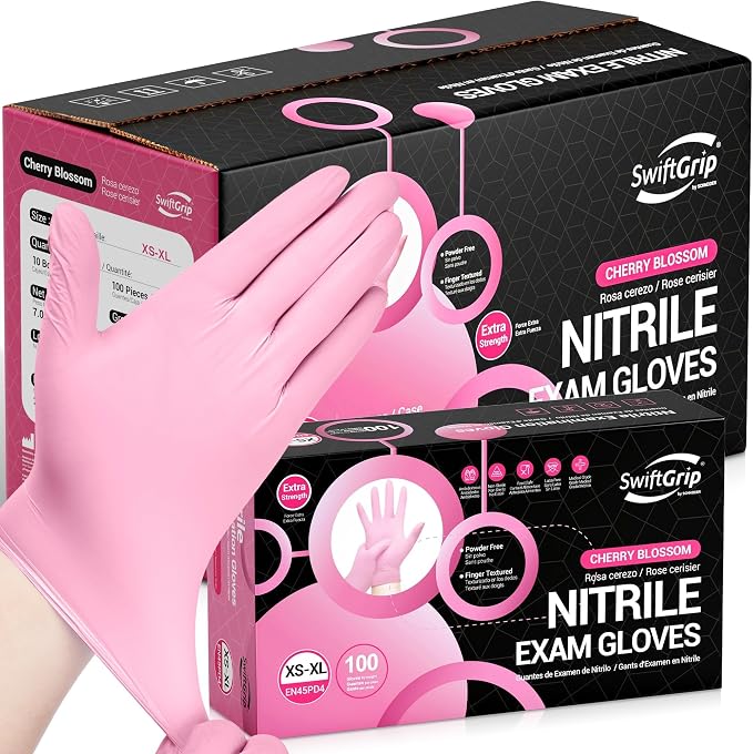 SwiftGrip Nitrile Exam Gloves, 4 Mil, Cherry Blossom, Food Safe Gloves Disposable Latex Free, Powder Free