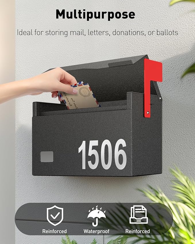 Uniclife Wall Mount Mailbox for Outside (No Locking Mechanism) | Flag & Number Stickers, Large Metal Mail Box for House, Modern Post Box for Outdoor Office Home
