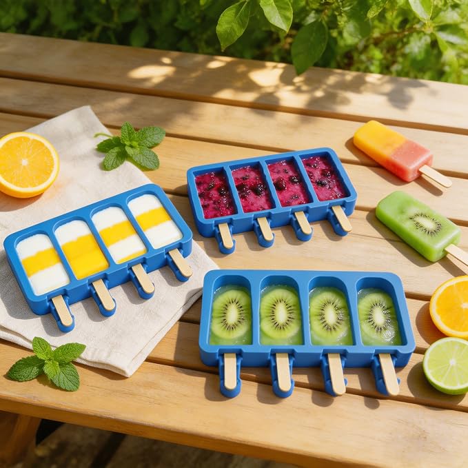 3 Set Popsicle Molds,Cakesicles Silicone Mould,12 Cavities Silicone Ice Cream Molds with Lids and 100 Pieces Wooden Popsicles Sticks and 100 Bags for Making Cakesicles,Cake Pops,Ice Cream(Dlue)
