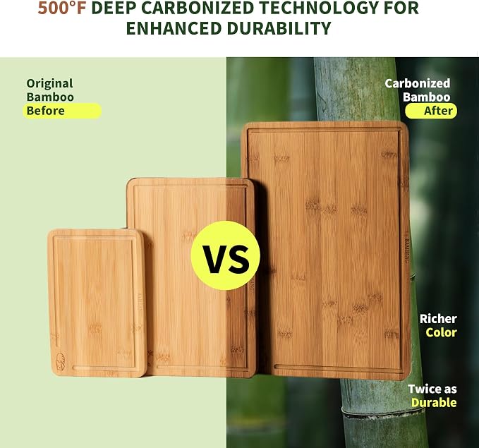 BAMBANG Bamboo Cutting Board, Dark Carbonized Chopping Boards Set of 3 with Stand, Butcher Block with Deep Juice Groove, Non-Toxic Wooden Cutting Boards for Kitchen Meal Prep & Serving