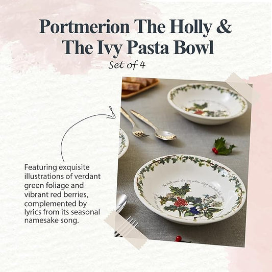 Portmeirion Holly and Ivy 8.5-Inch Pasta Bowls (Set of 4) - Holiday Earthenware for Christmas Feasts, Ideal for Serving Salad, Soups, Desserts - Microwave, Dishwasher Safe - Seasonal Tableware