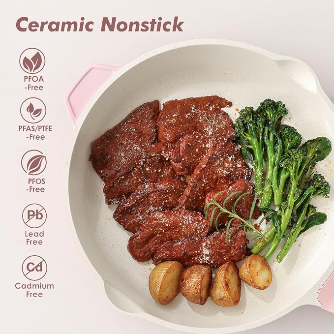 SENSARTE Nonstick Skillet with Lid 12-inch, 5QT Ceramic Deep Frying Pan, Non Toxic Saute Pan with Lid, Healthy Dishwasher Safe Cooking Pot, Induction Pan with Stay-cool Handle, Pink