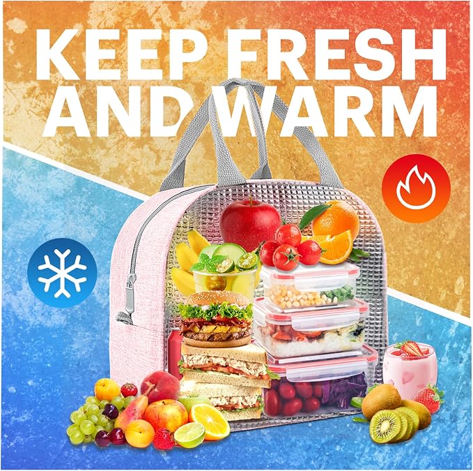 Lunch Bag for Women & Men Adult Insulated Lunch Box, Small Leakproof Cooler Food Lunch Containers Reusable High Capacity Lunch Tote Bags for Work, Travel, Outdoor - Light Pink