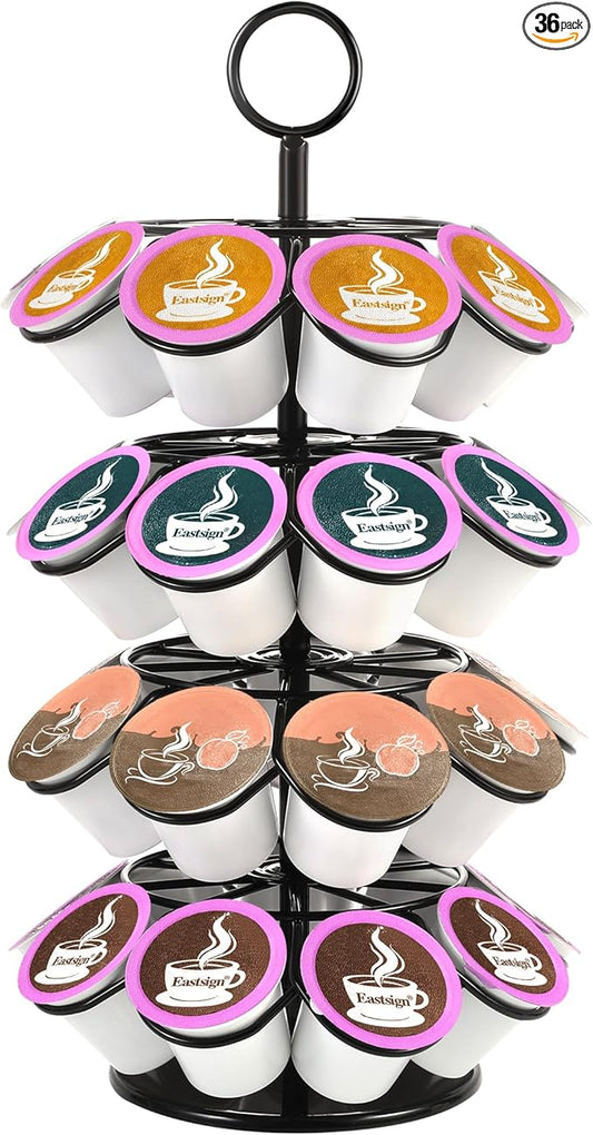 K Cup Holder, Coffee Pod Holder Organizer for Countertop, 36 K-Cup Carousel Stand Compatible with Keurig Pods, 360° Rotating 4-Tier Metal Pod Storage, Black