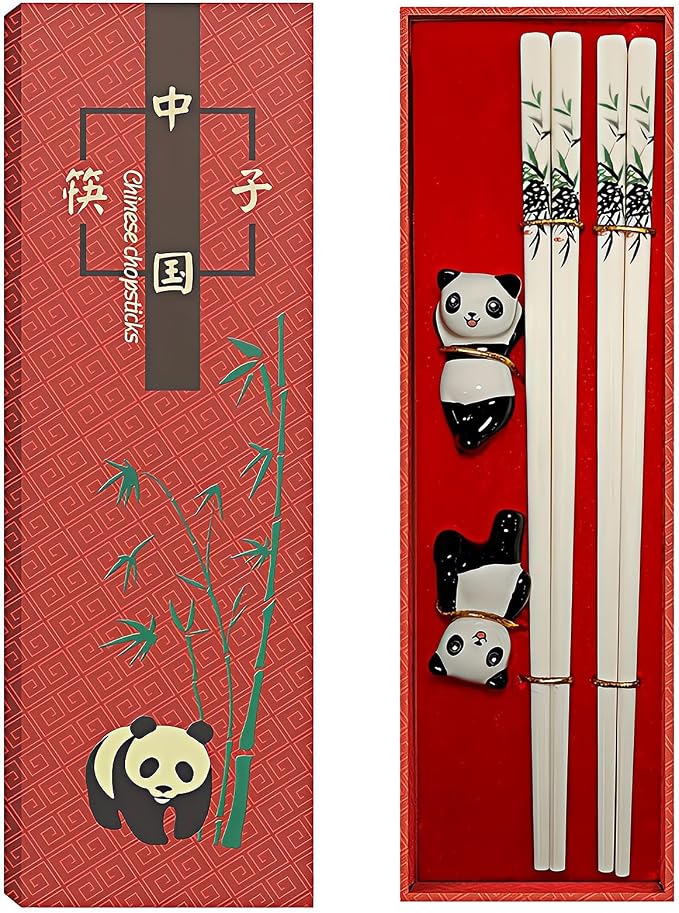 Ceramic Chopsticks Gift set with Panda Porcelain Rest,Reusable,Green Bamboo | Easy to Clean,Dishwasher Safe,Ceramic Chopsticks Holder,Chinese Japanese Korean,Classic Stylish,Exquisite Panda Gift Box