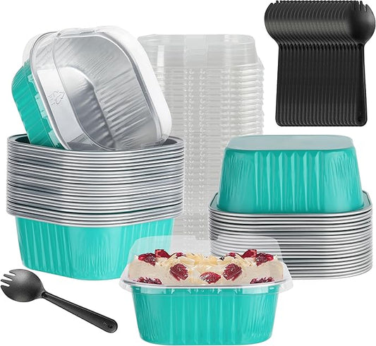 30PC 10oz Square Cake Pans with Aluminum Foil Lids for Baking & Party, Blue