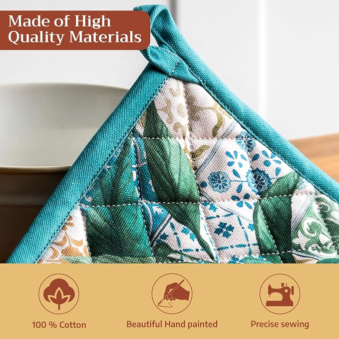 Maison d' Hermine Pot Holders 100% Cotton Potholders (8" x 8", Pack of 2) | Heat Resistant Hot Pads with Loop BBQ Cooking Baking Farmhouse Kitchen Handling Hot Pans Spring Summer - Agrume