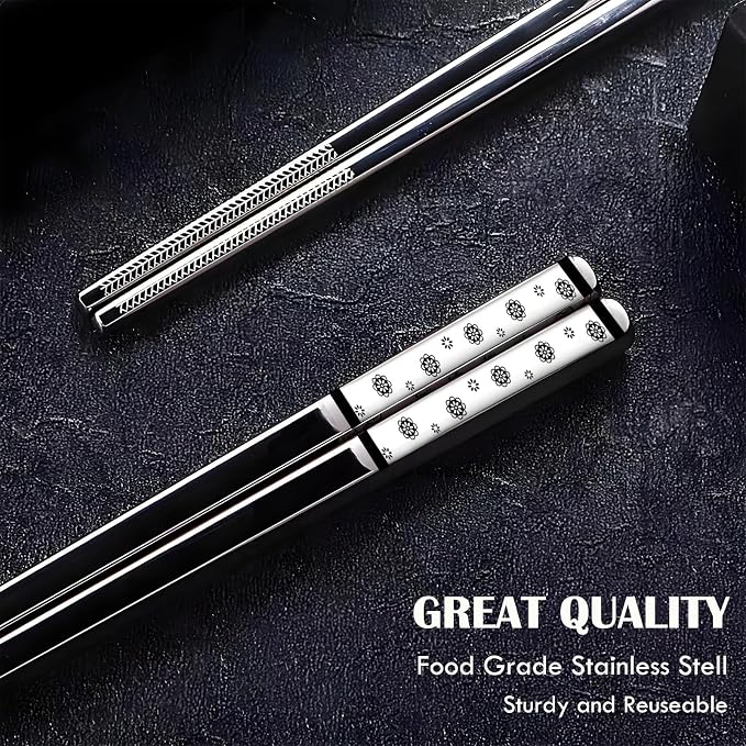 Metal Chopsticks Reusable,18/8 Stainless Steel,Silver,5PC Cherry Blossom | Gift Box Set,Square,Lightweight, Non-Slip,Laser Engraved Patterns No fade