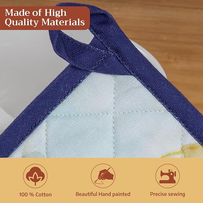 Maison d' Hermine Pot Holders 100% Cotton Potholders (8" x 8", Pack of 1) | Heat Resistant Hot Pads with Loop BBQ Cooking Baking Farmhouse Kitchen Handling Hot Pans Spring Summer - Lazy Summer Days