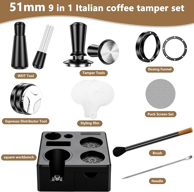 9 Pack Espresso Accessories Kit（Square）,58mm Espresso Tool Kit | Espresso Tamping Station | Coffee Distributor Tamper | WDT Tool | Dosing Funnel | Mother's Day Gift for Espresso Lovers
