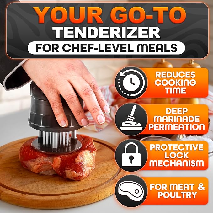 Meat Tenderizer Tool - Convenient Chicken Tenderizer Tool with 56 Sharp Stainless Steel Needle Blades, Safety Lock & Cleaning Brush, Dishwasher Safe - for Beef, Steak, Fish, Meat & Poultry Tenderizers | Blade Tenderizer for Meat with Safety Lock & Clea...