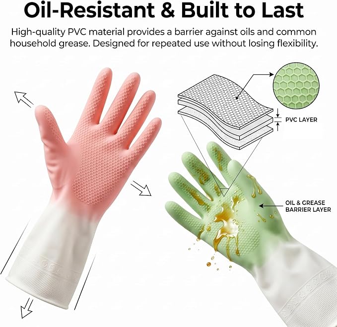 Cleaning Gloves 2 Pairs, Medium Reusable Dishwashing Gloves Honeycomb Non-Slip Grip, Waterproof Long Cuff Household Gloves for Kitchen Dishes Bathroom Laundry Pet Bath, Mint Green & Pink for Women