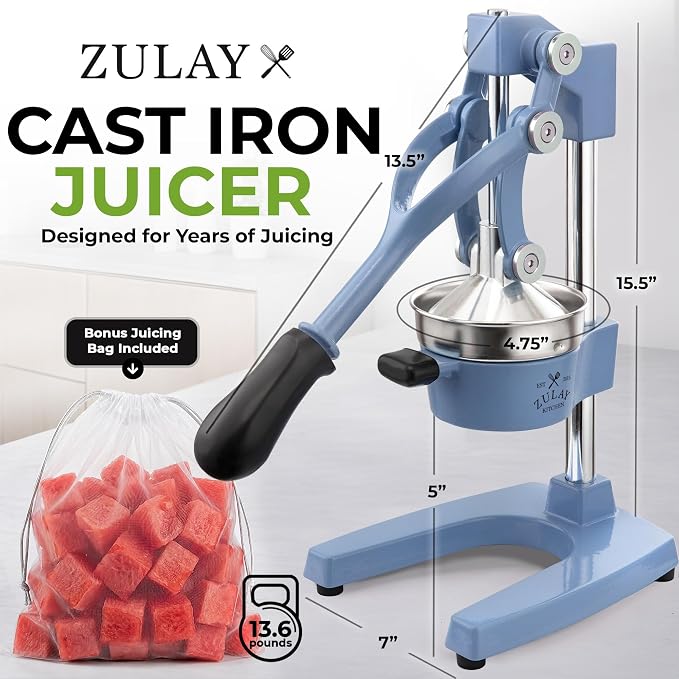 Zulay Kitchen Cast Iron Juicer - Heavy Duty Manual Juicer with Detachable Strainers for Easy Cleaning, Orange Juice Press for Citrus Fruits, Perfect for Bartenders, Juice Lovers & Health Enthusiasts