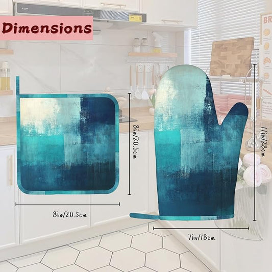 Turquoise Grey Oven Mitts and Pot Holders (4PCS),Teal Modern Art Heat Resistant Non-Slip Silicone Kitchen Gloves for Cooking, Baking, BBQ Waterproof Kitchen Accessories