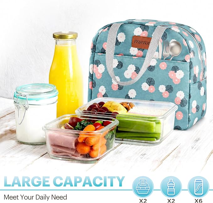 Lunch Bag for Women & Men Adult Insulated Lunch Box, Small Leakproof Cooler Food Lunch Containers Reusable High Capacity Lunch Tote Bags for Work, Travel, Outdoor - Green Flower