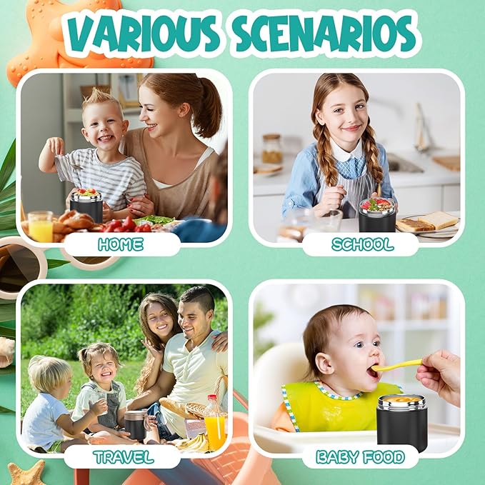 Thermo for Hot Food Kids - 15.2oz with Folding Spoon and Silicone handle | Leak Proof Insulated Food Jar, Soup Thermo, Wide Mouth Insulated Lunch Containers, Dishwasher Safety