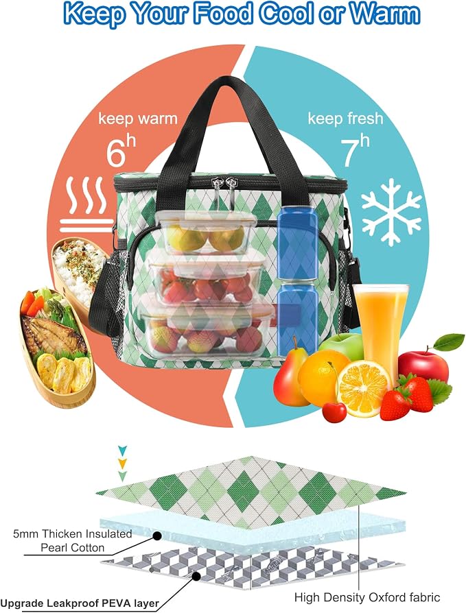 Lunch Bags for Women/Men, Insulated Lunch Bag for Work Office - Lunch Cooler Bag Leakproof Lunch Box with Adjustable Shoulder Strap - Green plaid