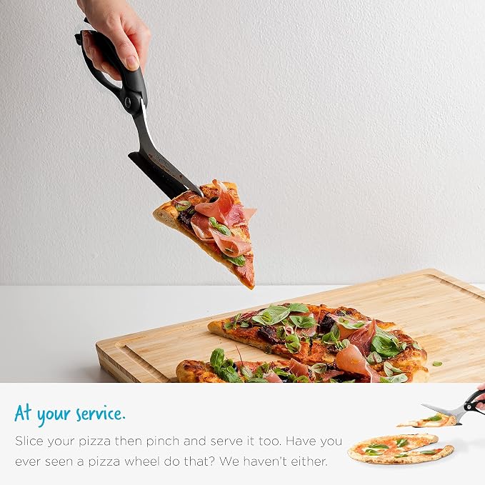 Dreamfarm Scizza 2-In-1 Easy Ergonomic Pizza Scissors with Stainless Steel Pizza Cutter Blades & Non-Stick Slice Server - Red | Cuts and serves pizza with non-scratch, heat resistant serving base, spring-loaded German stainless steel blades