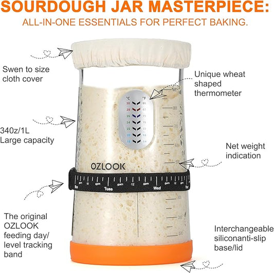 Sourdough Starter Kit,34oz Sourdough Starter Jar,2 X Cotton Rope Banneton Bread Proofing Basket with Bread Lame, Scraper,Sling, Dough Whisk,Perfect Gifts for Bakers Sourdough Bread Baking Supplies