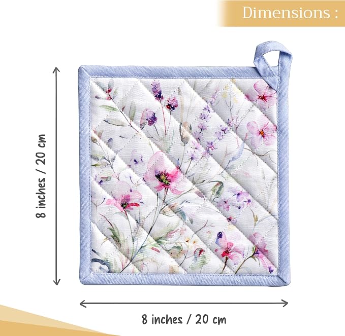 Maison d' Hermine Pot Holders 100% Cotton Potholders (8" x 8", Pack of 1) | Heat Resistant Hot Pads with Loop BBQ Cooking Baking Farmhouse Kitchen Handling Hot Pans Spring Summer - Summer Floral