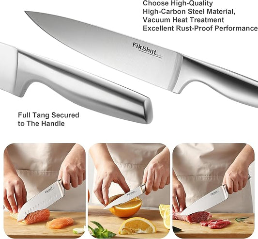 Kitchen Knife Set, FIKSHOT Premium Stainless Steel Knife Block Set, Razor-Sharp Santoku Knife and Fruit Knives, Gift for Homecooks, Rust-Proof, Designed for Women