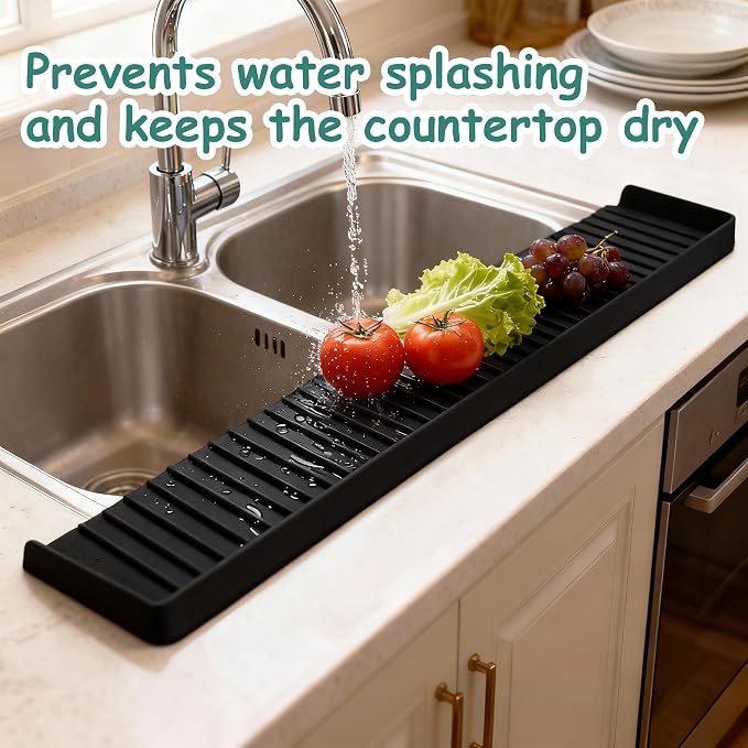 Silicone Sink Edge Protector Splash Guard,Sink Granite Edge Protector,20x4 Inch with Suction Cups & 5°Tilt, Cuttable for Kitchen Bathroom Countertops, Granite Quartz Surfaces (Black)