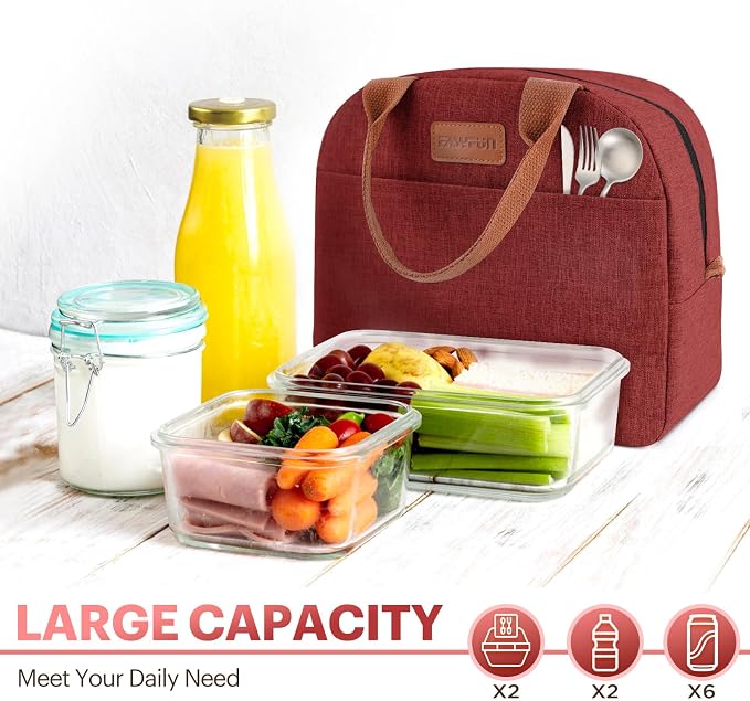 Lunch Bag for Women & Men Adult Insulated Lunch Box, Small Leakproof Cooler Food Lunch Containers Reusable High Capacity Lunch Tote Bags for Work, Travel, Outdoor - Wine Red