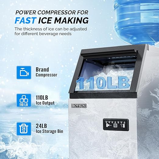 ROVSUN Commercial Ice Maker 110lbs/24h Automatic Built-in Stainless Steel Under Counter/Freestanding Ice Machine for Restaurant Bar with 24lbs Storage, Connection Hoses & Ice Scoop