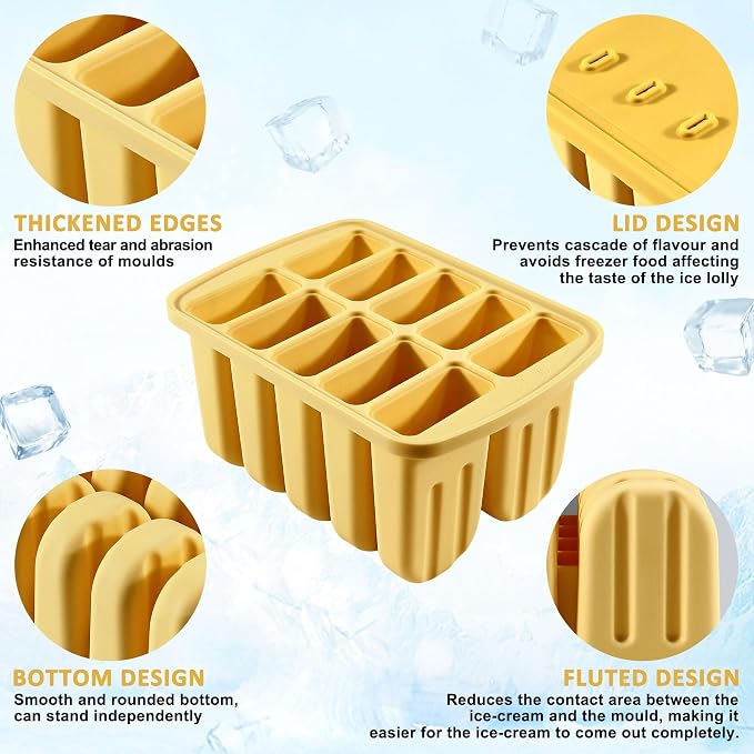 Popsicles Molds, 10 Cavity Silicone Popsicle Molds Easy-Release BPA-free Popsicle Molds Ice Pop Molds Homemade Popsicle Mold Ice Cream Molds with 50PCS Popsicle Sticks for Yogurt Juice Smoothies