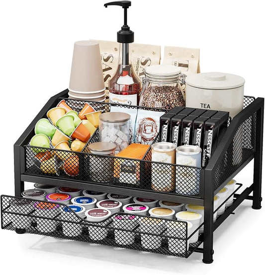 Homsorout Coffee Bar Organizer - Coffee Station for Countertop, Metal and Wood K Cup holder Storage Basket with Drawer for Syrup, Cups, Stirrer, Condiment, Tea Organizer, Black