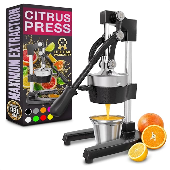 Cast Iron Juicer Hand Press, Heavy-Duty Squeezer, 304 Stainless Steel Bowl – One Pull Extracts Full Juice – Manual Citrus Press Juicer & Orange Squeezer for Lemon, Lime & Lemonade at Home Bar (Black)