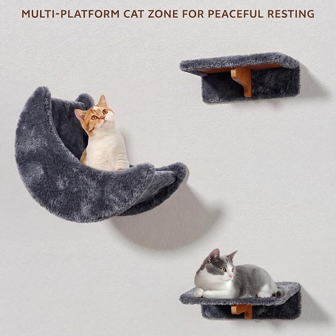 13-in-1 Cat Wall Shelves, Moon & Bridge Cat Wall Furniture, Grey | Wall Mounted Cats Shelf Set with Plush Fabric, Cat Climbing Systems for 16 Inch Drywall, Condo, Scratching Post, Space-Saving