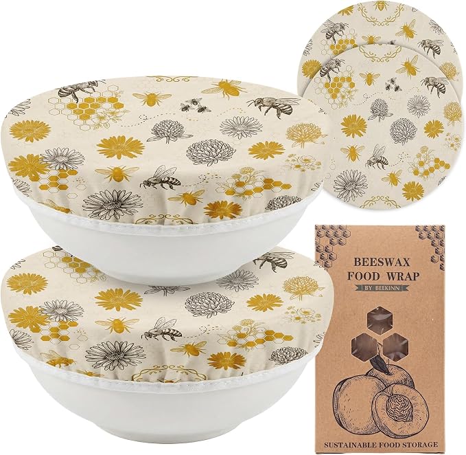 2Pcs Bee Theme Reusable Beeswax Bowl Covers Bread Sourdough Bowl Covers for Proofing Yellow Floral Reusable Elastic Bread Sourdough Cover Wrap Dough Proofing Food Storage Kitchen Baking Supplies