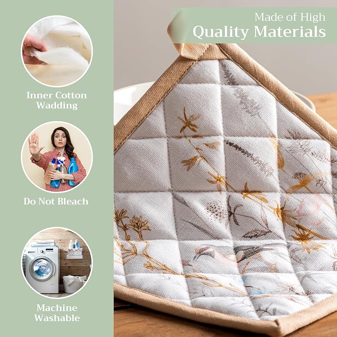 Maison d' Hermine Pot Holders 100% Cotton Potholders (8" x 8", Pack of 2) | Heat Resistant Hot Pads with Loop BBQ Cooking Farmhouse Kitchen Handling Hot Pans Spring Summer - Meadow Florals - Beige