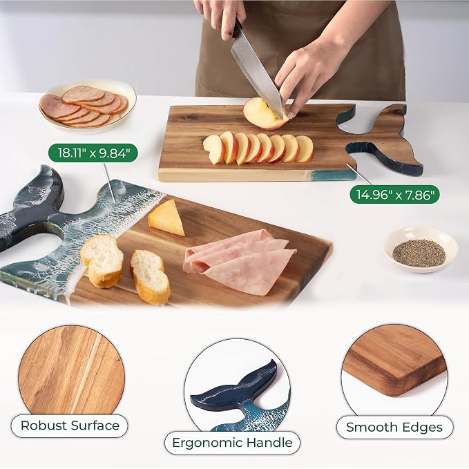 Whale Tail Serving Board, 15"x 7.9" Acacia Wood Ocean Resin Art Charcuterie Cheese Tray for Meal Prep, Fruit or Meat Display, Cutting Board on Back, Unique Gift for Women, Housewarming Gift