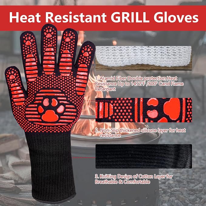 UBeesize Lengthen BBQ Gloves (Bear Paw), 1472°F Heat Resistant Grill Glove, 14 inch Fireproof Oven Gloves for Cooking, Non-Slip Fire Glove for Grilling, Barbecue, Smoker, Baking, Frying