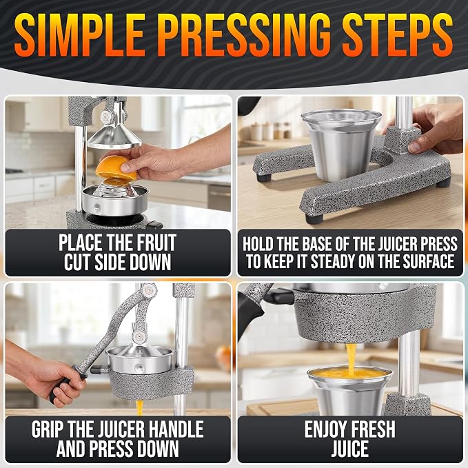 Cast Iron Juicer Hand Press, Heavy-Duty Squeezer, 304 Stainless Steel Bowl – One Pull Extracts Full Juice – Manual Citrus Press Juicer & Orange Squeezer for Lemon, Lime & Lemonade at Home Bar (Silver)
