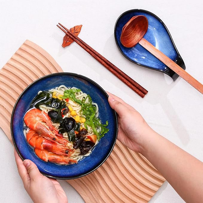 NJCHARMS Ceramic Ramen Bowl Set of 2, 42 oz Japanese Noodle Soup Bowls with Spoons and Chopsticks for Ramen Soup Pho Udon Asian Noodles, Large Noodle Bowls(Blue)