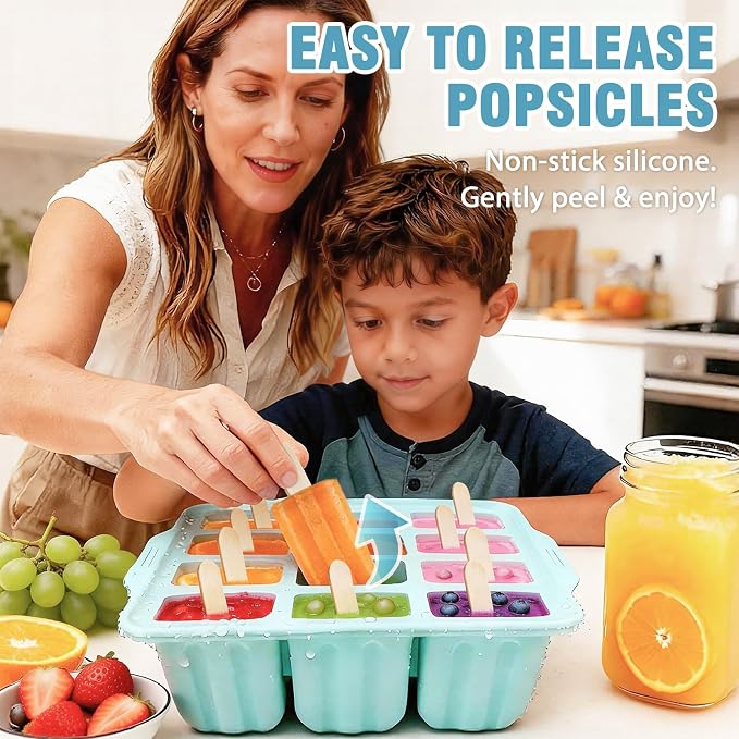 12 Pieces Silicone Popsicles Molds, Reusable Popsicle Maker Holder with 50 Sticks, DIY Ice Cream Cake Pop Mold for Homemade Frozen Dessert Juice Fruit Easy Release Mint Green