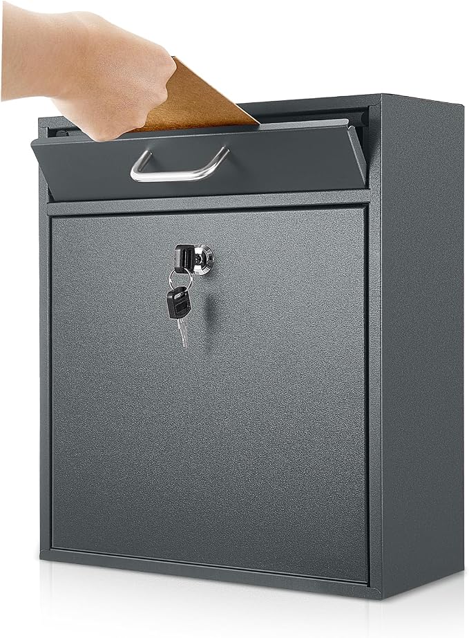 Yaocom Locking Mailbox with Key for Outdoor 12 x 10.5 x 4.7 Inches Large Wall Mount Mail Box with Lock Security Mail Drop Metal Collection Boxes Hanging Secure Postbox(Dark Gray)