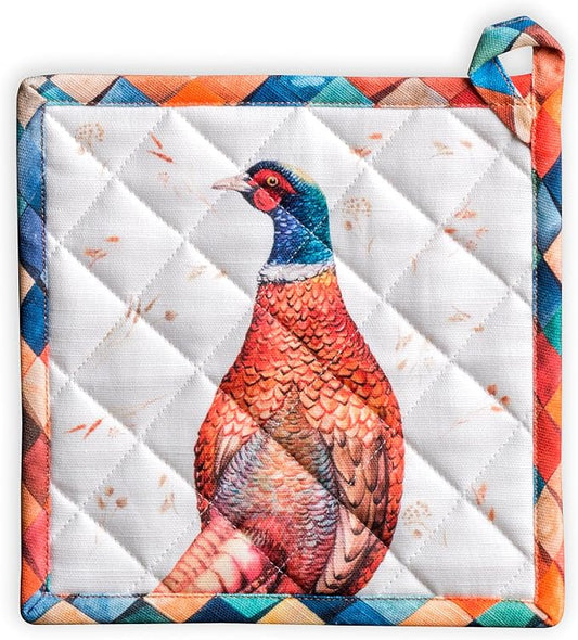Maison d' Hermine Pot Holders 100% Cotton Potholders (8" x 8", Pack of 1) | Heat Resistant Hot Pads with Loop BBQ Cooking Baking Kitchen Handling Hot Pans Thanksgiving Christmas - Faisan D'Automne
