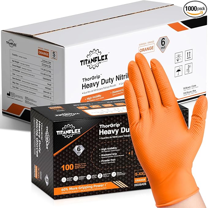 TitanFlex Heavy Duty Orange Nitrile Gloves, 6 Mil, Raised Diamond Texture, Mechanic Disposable Gloves, Latex Free Powder Free