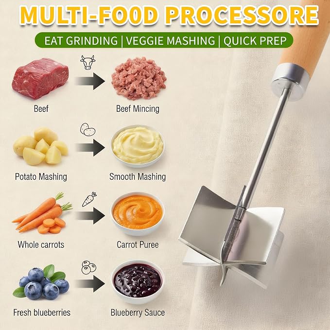 304 Stainless Steel Meat Chopper Meat Masher, 6 Curved Blades 10.5 Inch Ground Beef Chopper Tool, Hamburger Smasher, Potato Masher Durable Multi-Purpose Kitchen Tool Dishwasher Safe