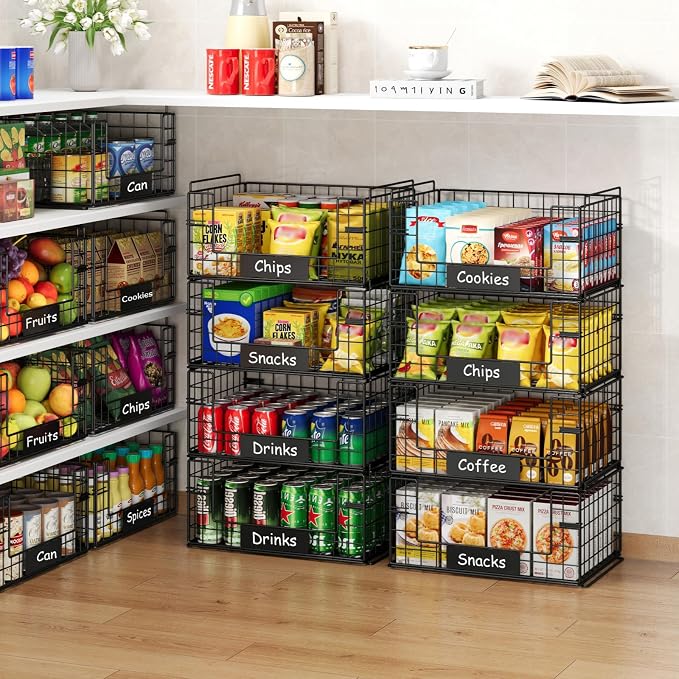 JKsmart 4 Pack XXL Stackable Wire Baskets for Pantry Organizers and Storage | Vegetable and Fruit Basket with Name Plates & Handles, Kitchen Pantry Organizer for Snack Can Fruit Veggies