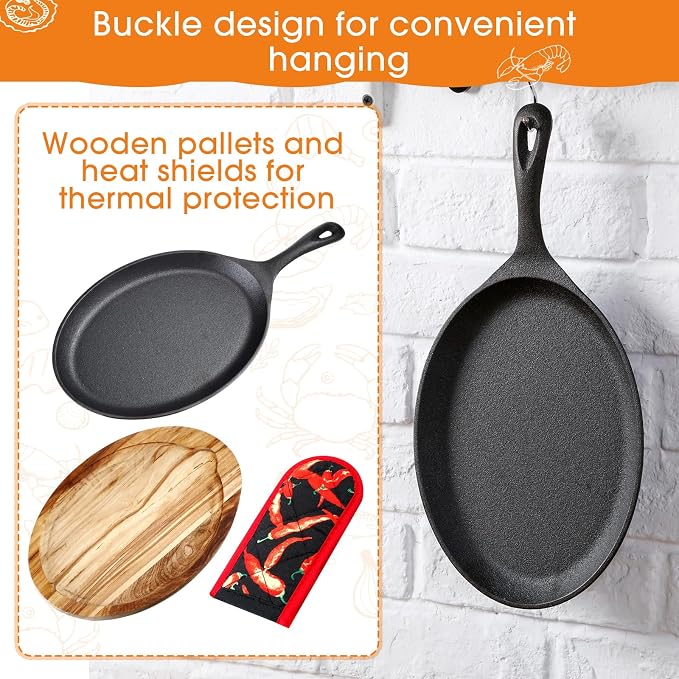 Lallisa 4 Sets Cast Iron Fajita Plate Set Fajita Plate Pan with Wooden Tray Anti Scald Protection Hot Mitt Cast Iron Skillet Set for Home Barbecue Kitchen Party Restaurant Catering Service