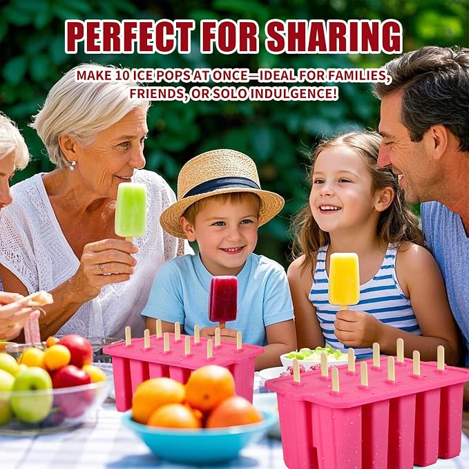 Homemade Popsicles Molds, Food Grade Popsicle Molds for Kids, 10 Cavity Non-BPA Silicone Ice Pop Maker, Reusable Silicone Popsicle Molds with 50 Stick, 50 Bags, Funnel (Pink)